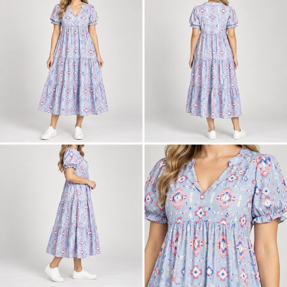 Simply Southern Women’s Dress Small Blue Pink Geometric Tiered Midi Boho